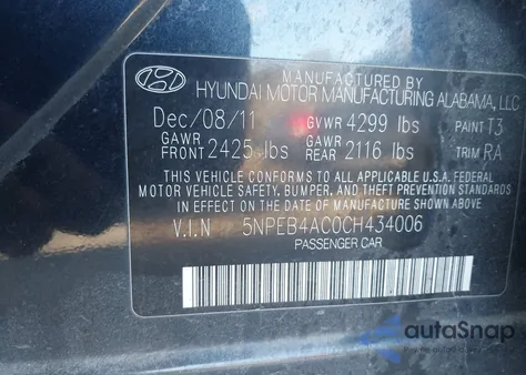 2012 Hyundai Sonata Gls z USA, uszkodzony, nr VIN 5NPEB4AC0CH434006